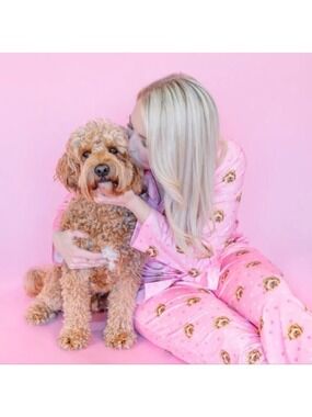 Cuddle Clones Wheaten Terrier Dog Pink Satin Pajamas Long Sleeve Top Pants Set